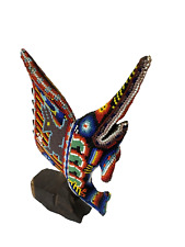 HUICHOL BEADED Swordfish Mexican Folk Art Figure on Carved Wood base 8