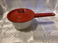 Vintage White Saucepan Graniteware / Enamelware Pot ~ Red Handle, Edge & Lid picture