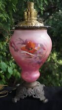 Antique 1880s Plume & Atwood Milk Glass Oil Lamp - HAND PAINTED FLOWERS - SIGNED picture