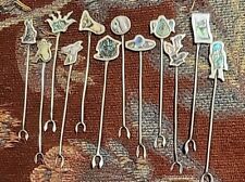 Set Of 12 Vintage Mexican Alpaca Silver Cocktail Hors D'oeuvre Pick Fork Abalone picture