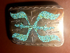 VINTAGE STERLING SILVER CRUSHED INLAID TURQUOISE CHIP BELT BUCKLE SIGNED NAVAJO picture