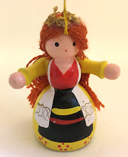 VTG Hand Painted Ethnic Wooden Woman Girl with Red Yarn Hair Christmas Ornament picture