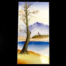Vtg Art Tile Handpainted Landscape Tree River Steeple Mountains 3