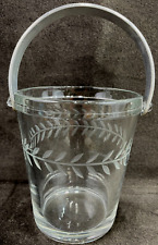 Clear Glass Ice Bucket Etched Leaf Design with Aluminum Handle Vintage Barware picture