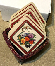 VTG Docs Imperial Pansy-7 PCS-6 Floral corklined metal coasters& 1 wicker basket picture