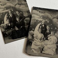Antique Tintype Photograph Handsome Young Men & Women Paper Moon Stars Clouds picture