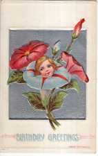 ANTIQUE EMBOSSED BIRTHDAY Postcard        MORNING GLORY FLOWER FACE picture