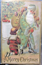 1900s Santa Claus Blue Robe Toy Bag with CHILD Gilt Embossed Christmas Postcard picture