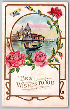 Postcard Best Wishes Greetings Embossed Roses Lakefront Town Scene VTG c1920  I1 picture