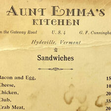 1930s Aunt Emma's Kitchen Sandwiches Restaurant Menu Hydeville Castleton Vermont picture