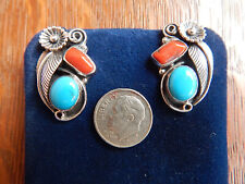 Vintage Navajo Blue Turquoise Red Coral Sterling Silver Pierced Stud Earrings picture