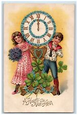 1905 Happy New Year Children Pansies Flowers Clock Heart Shamrock Postcard picture