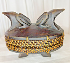 Vintage Hand Carved African Frogs Wooden and Rattan Trinket Box  w/attached Lid picture
