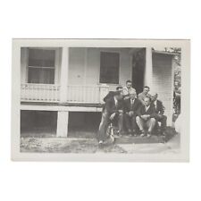 Vintage Snapshot Group Of Men In Suits Sit On Porch Crowded To Right Of Photo picture
