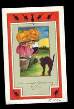 Early 1900's Whitney Made Halloween Postcard 2 Pumpkin Head Children, Black Cat picture