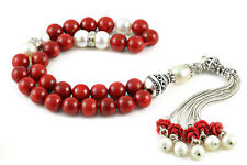 Genuine Red Coral Pearl 33 Islamic Prayer Beads Silver Tassel Misbaha Handcraft picture