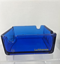 Vintage  LUFTHANSA AIRLINES Cobalt Blue Glass Ashtray square German airline READ picture