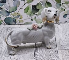 Adorable Vintage Dachshund Dog Figurine White Porcelain Gold Trim w/ Flowers EUC picture