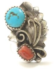 Vintage Navajo Sterling Silver Small Turquoise Red Coral Floral Ring Sz6 picture