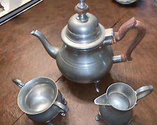 Vintage Williamsburg Restoration Stieff Pewter 3 Pc Tea Set Teapot Wooden Handle picture