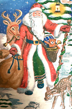 VINTAGE CHRISTMAS GIFT WRAP VICTORIAN SANTA with Staff & REINDEER 2ft X 20in picture
