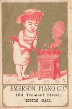 Emerson Piano Boston MA Child Cooking On Stove Victorian Trade Card  picture