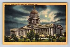 Salt Lake City UT-Utah, Utah State Capitol At Night, Moon, Vintage Postcard picture