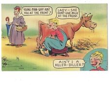 c1940s Cow Boy Lady Milking Comedy Funny Comic WW2 War Linen Postcard UNPOSTED picture