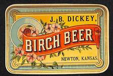 J.B. Dickey Birch Beer Paper Label Newton, Kansas NOS Scarce VGC c1890-1900 picture