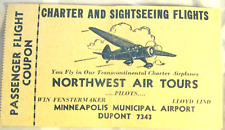 Vtg Northwest Air Tours Flight Ticket Stub 1920s Mpls. Mn. Municipal Airport picture