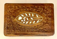 Vintage India Jewelry Trinket Box Hand Carved Wood Floral Inlay Lined picture
