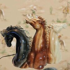 Mid-Century KRON Wild Horse 3 Heads Ceramic Table Lamp Palomino Brown Black FLAW picture