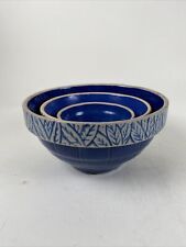 Stoneware Mixing Bowls Clay City Pottery Basket Weave Design Blue Set 3 Nested picture