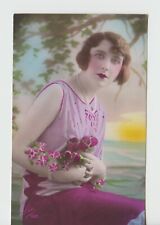 1926 Tinted PC Woman Glamour Fashion Flowers picture