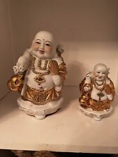 Vintage Happy Buddha Porcelain Statues Set of 2. Hand Painted Gold Trim picture