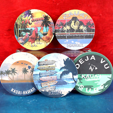Set Of 5 Kauai Hawaii Drink Coasters Roosters Palm Trees Beach Signs Camo Cork picture