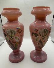 Pair Antique Victorian Pink Opaline Cased Glass Mantle Vases picture