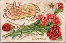 Vintage JULY BIRTHDAY Embossed Postcard Ruby Stone / Carnation Flower c1910s picture