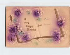 Postcard A very Happy Birthday with Flowers Clovers Book Embossed Art Print picture