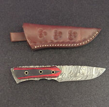 Custom Handmade Damascus Steel Knife Colorful Red Wood Handle 4in Blade Sheath picture