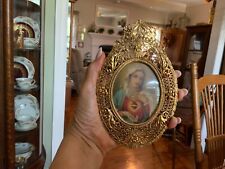 VINTAGE SACRED HEART OF  MARY PICTURE CONVEX BUBBLE GLASS ORNATE METAL FRAME picture