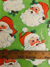 VTG CHRISTMAS WRAPPING PAPER GIFT WRAP CUTE SANTA FACES HOLLY ON GREEN 1960 NOS picture