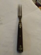 Antique Civil War Era Three Prong Wood & Pewter Inlay Fork 7 inches Club Pattern picture