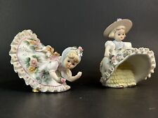 Lefton Bloomer Girls Pair KW1702 Petticoat Bisque Figurines Floral Yellow Blue picture