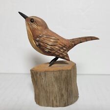 Hand Carved Hand Painted Wooden Wren Bird on Stump by John Cowden Tennessee picture