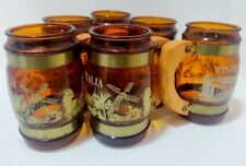 Vintage 60s Wood Amber Glass Souvenir Mug set of 6 pcs Barrel Beer Bar Man Cave picture