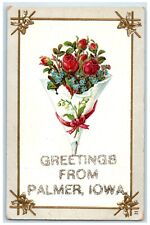 1910 Bouquet Rose Flower Glitter Embossed Greetings From Palmer Iowa IA Postcard picture
