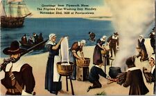 GREETINGS PLYMOUTH MASS Pilgrims 1st Wash Day Vintage Postcard Massachusetts picture