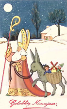 Vintage BELGIUM Christmas Postcard St Nicolas Leads Donkey Carrying Gifts Snow picture