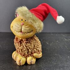 Tii Creations Resin Cat Figure Wooly Fluffy Christmas Holiday Santa Hat Vintage picture